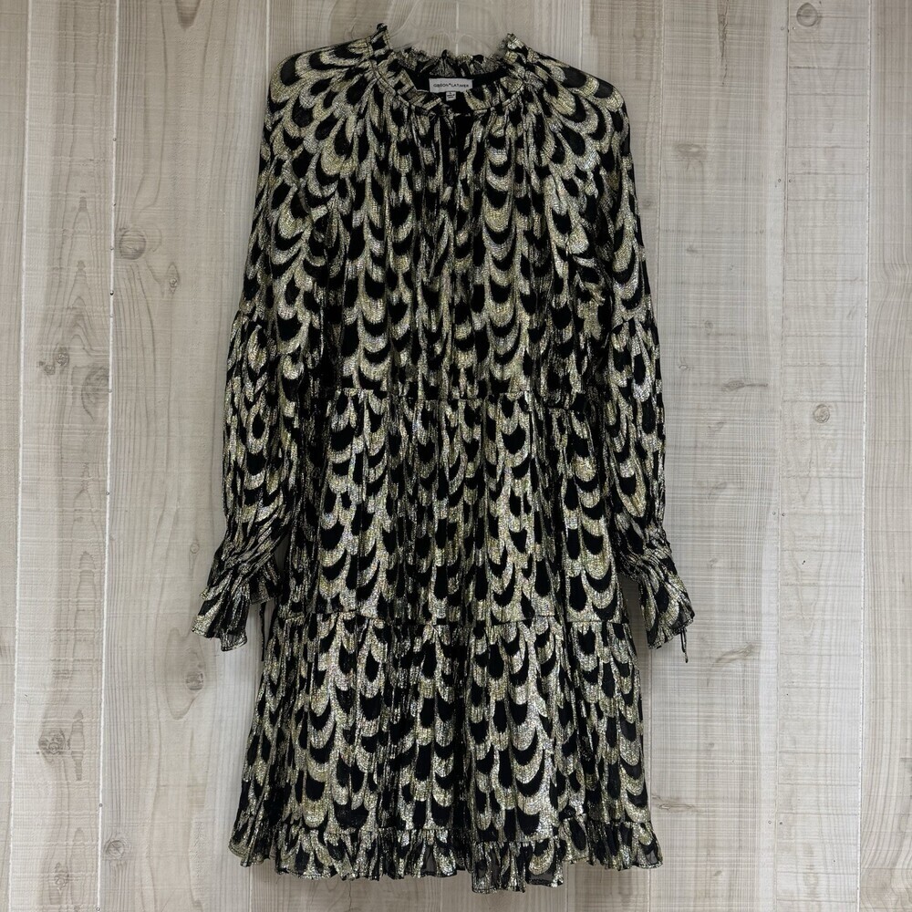 Gibson & Latimer L Woven Metallic Ogee Print Long Peasant Sleeves A-Line Dress